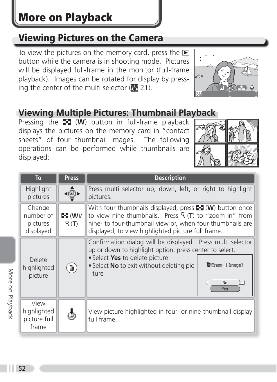 More on playback, Viewing pictures on the camera, Viewing multiple pictures: thumbnail playback | Nikon 3700 User Manual | Page 62 / 127