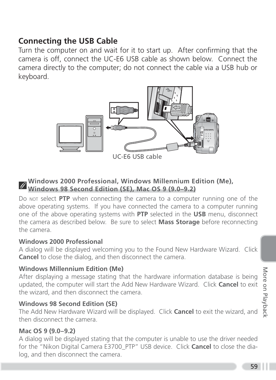 Connecting the usb cable | Nikon 3700 User Manual | Page 69 / 127