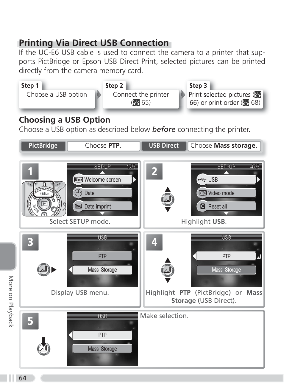 Printing via direct usb connection, Choosing a usb option | Nikon 3700 User Manual | Page 74 / 127