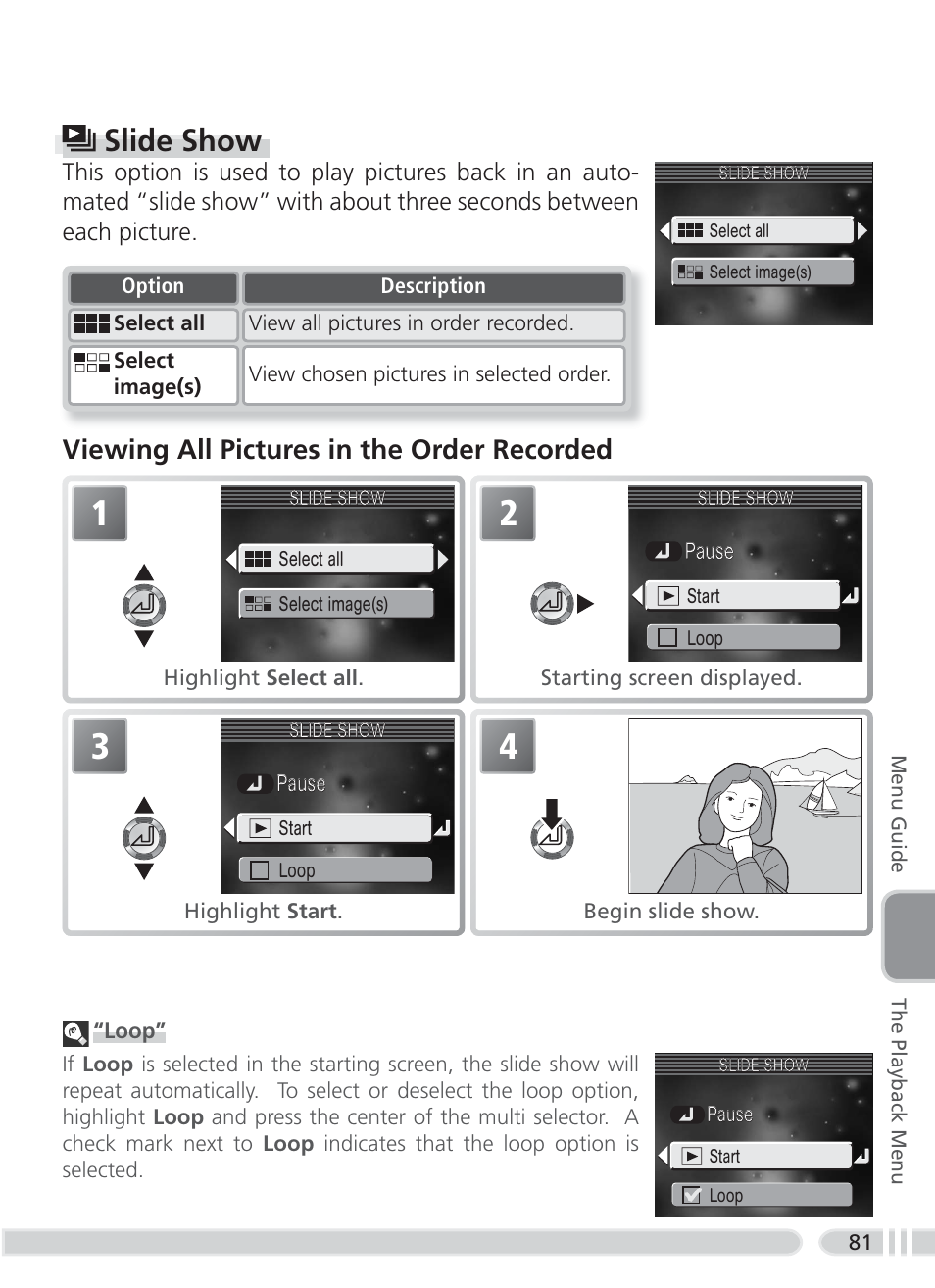 Slide show, Viewing all pictures in the order recorded | Nikon 3700 User Manual | Page 91 / 127