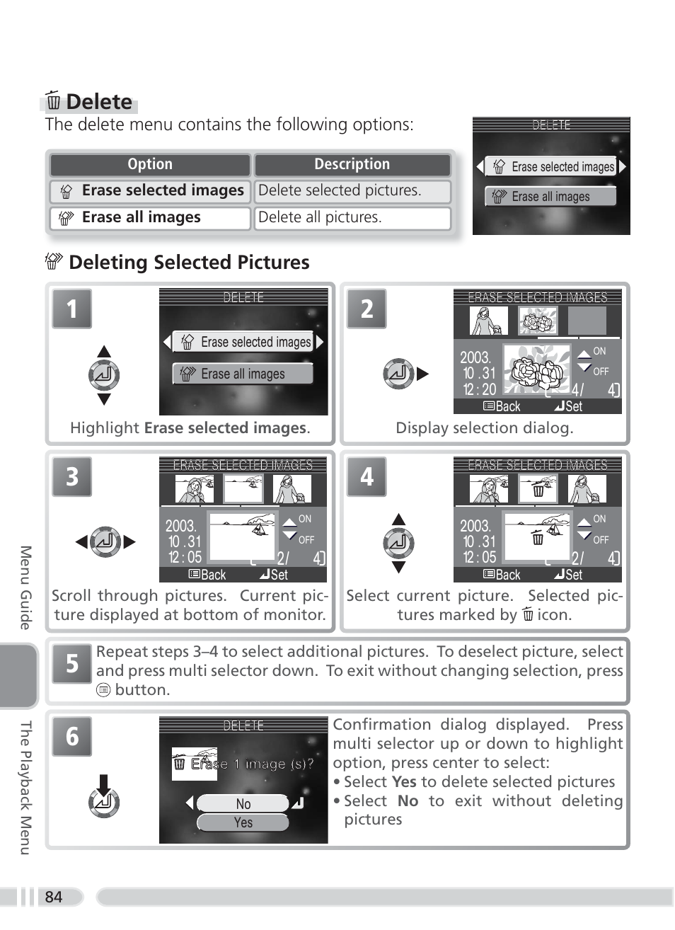 Delete, Deleting selected pictures | Nikon 3700 User Manual | Page 94 / 127