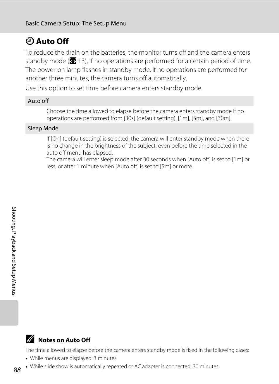 Auto off, K auto off, A 88) | A 88) duri, A 88) if, A 88 | Nikon L15 User Manual | Page 100 / 128