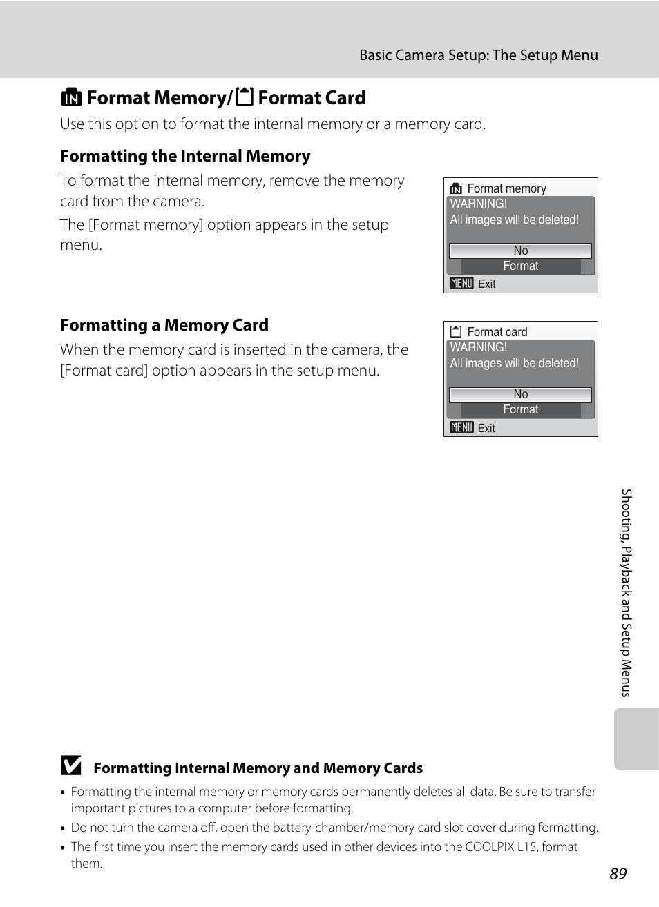 Format memory/format card, L format memory/m format card, A 89). n | A 89), A 89 | Nikon L15 User Manual | Page 101 / 128