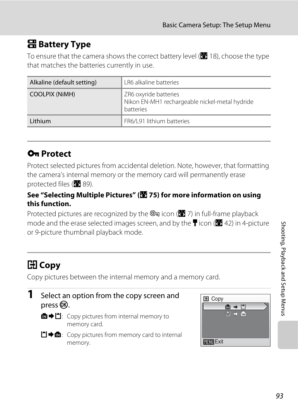 Battery type, Protect, Copy | S battery type d protect h copy, A 93), A 93) are, A 93) and cop, A 93, S battery type, D protect | Nikon L15 User Manual | Page 105 / 128