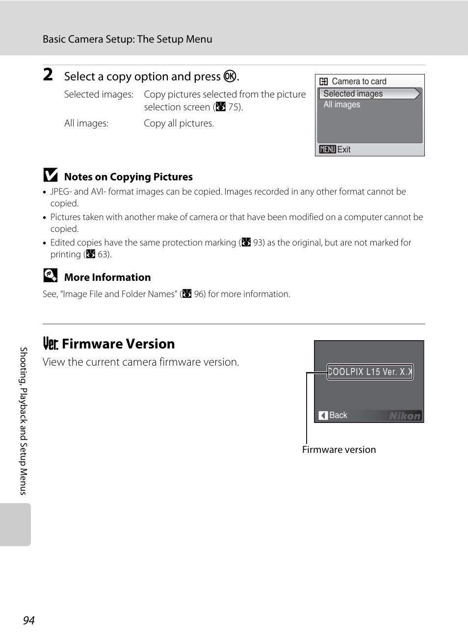 Firmware version, R firmware version, A 94 | Select a copy option and press k | Nikon L15 User Manual | Page 106 / 128