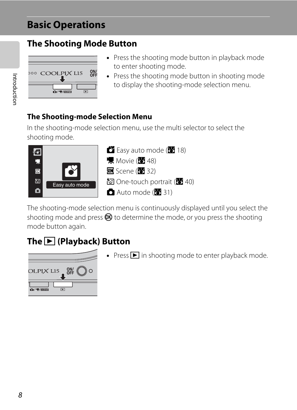 Basic operations, The shooting mode button, The (playback) button | The shooting mode button the, C (playback) button, The c (playback) button | Nikon L15 User Manual | Page 20 / 128