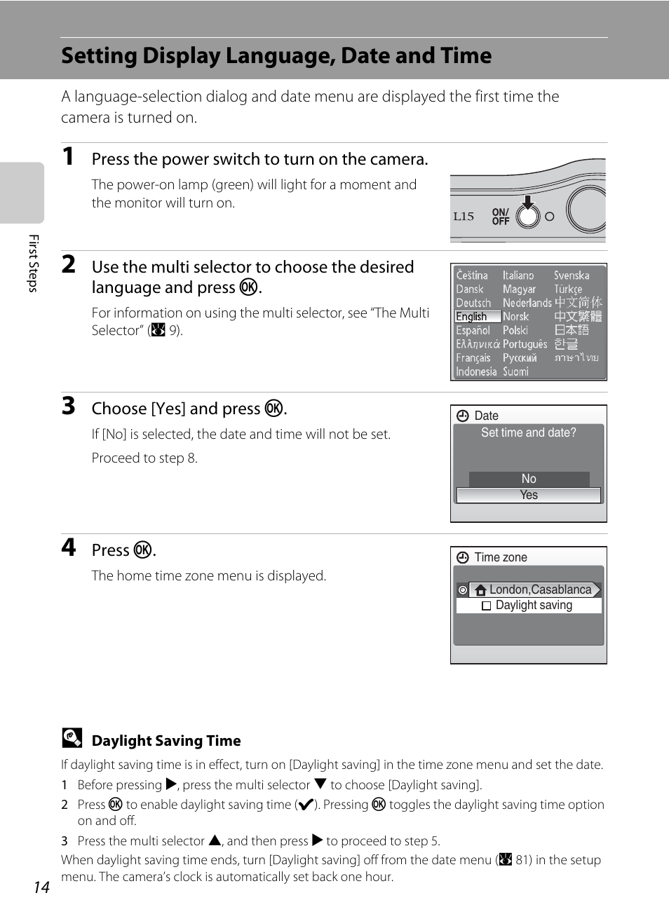 Setting display language, date and time | Nikon L15 User Manual | Page 26 / 128