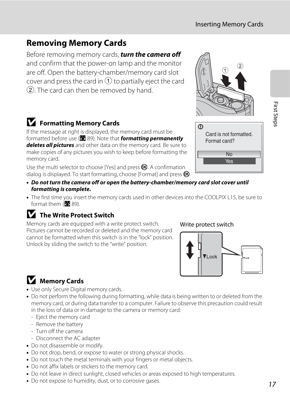 Removing memory cards | Nikon L15 User Manual | Page 29 / 128