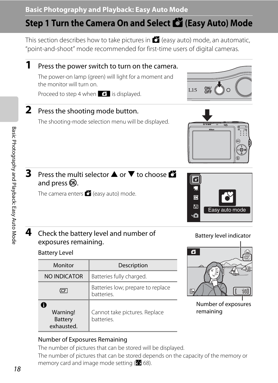 Basic photography and playback: easy auto mode, G basic photography and playback: easy auto mode, Mode (a 18 | Nikon L15 User Manual | Page 30 / 128