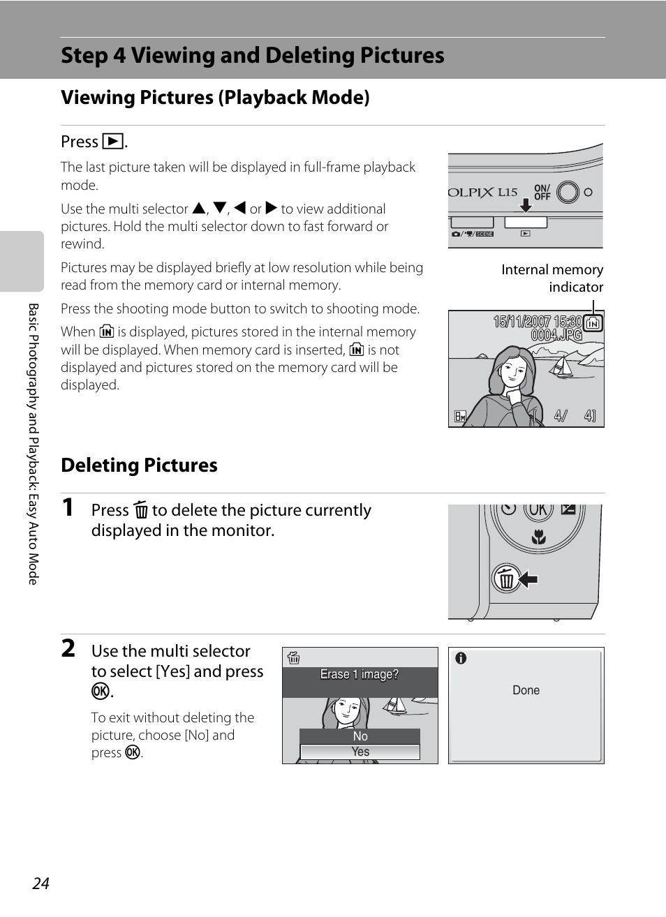 Step 4 viewing and deleting pictures, Viewing pictures (playback mode), Deleting pictures | Nikon L15 User Manual | Page 36 / 128