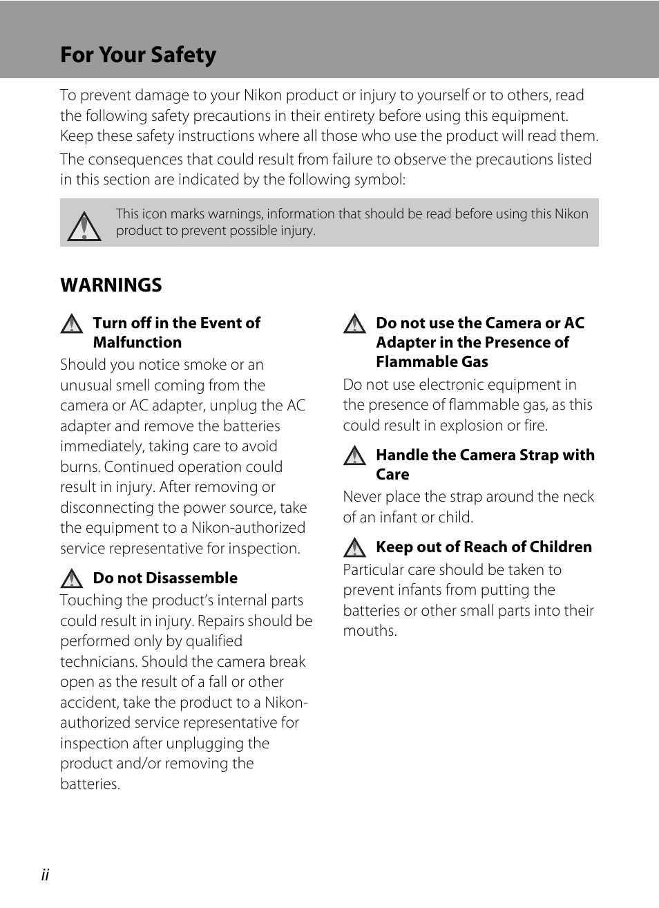 For your safety, Warnings | Nikon L15 User Manual | Page 4 / 128