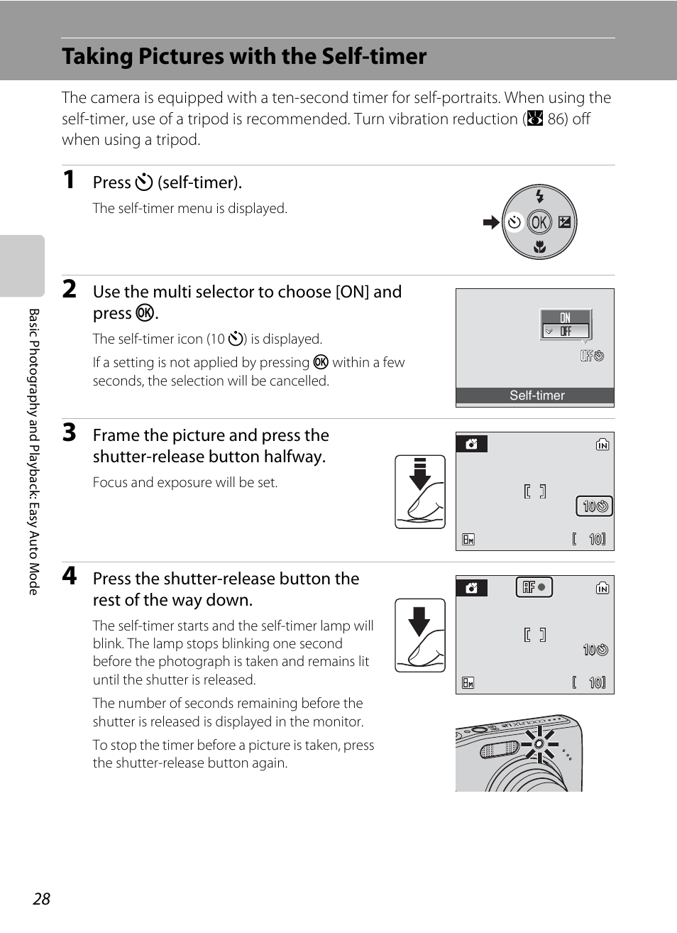 Taking pictures with the self-timer, A 28) menu, A 28) | Nikon L15 User Manual | Page 40 / 128