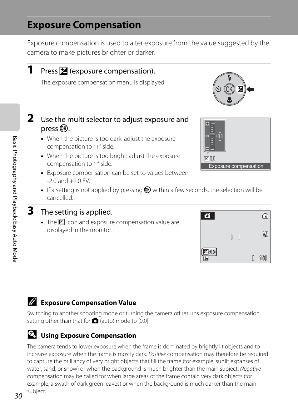 Exposure compensation, A 30) men, A 30) ca | Nikon L15 User Manual | Page 42 / 128