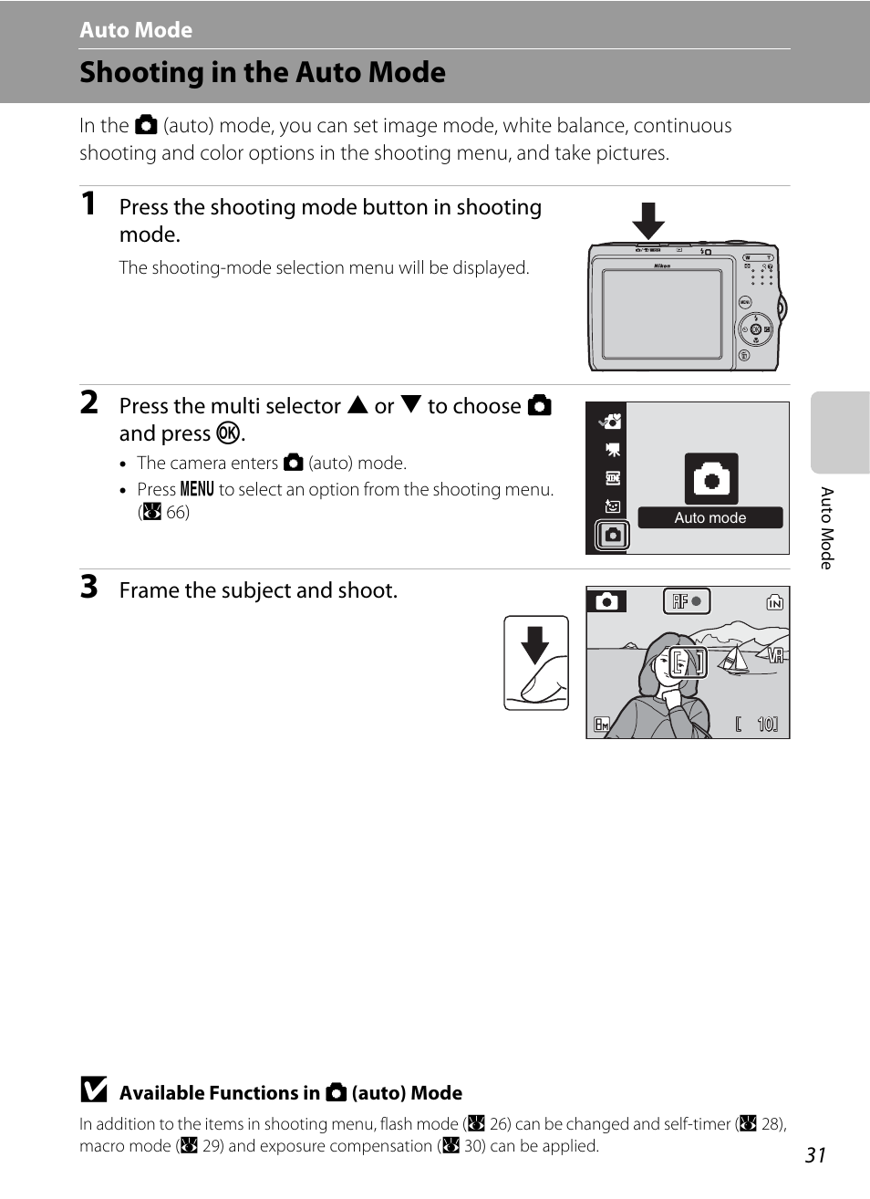 Auto mode, Shooting in the auto mode, A auto mode | A 31) | Nikon L15 User Manual | Page 43 / 128