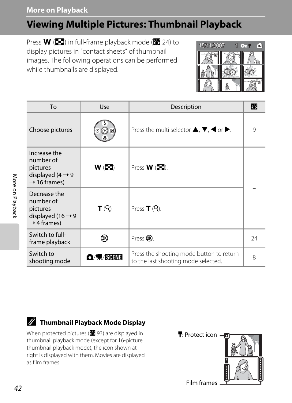 More on playback, Viewing multiple pictures: thumbnail playback, C more on playback | Nikon L15 User Manual | Page 54 / 128