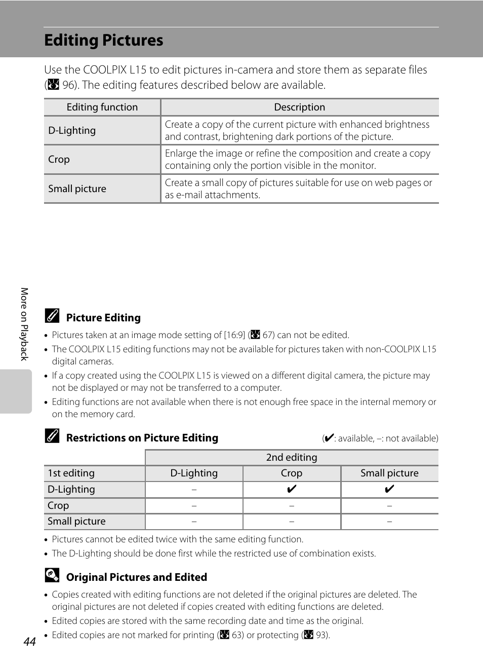 Editing pictures | Nikon L15 User Manual | Page 56 / 128