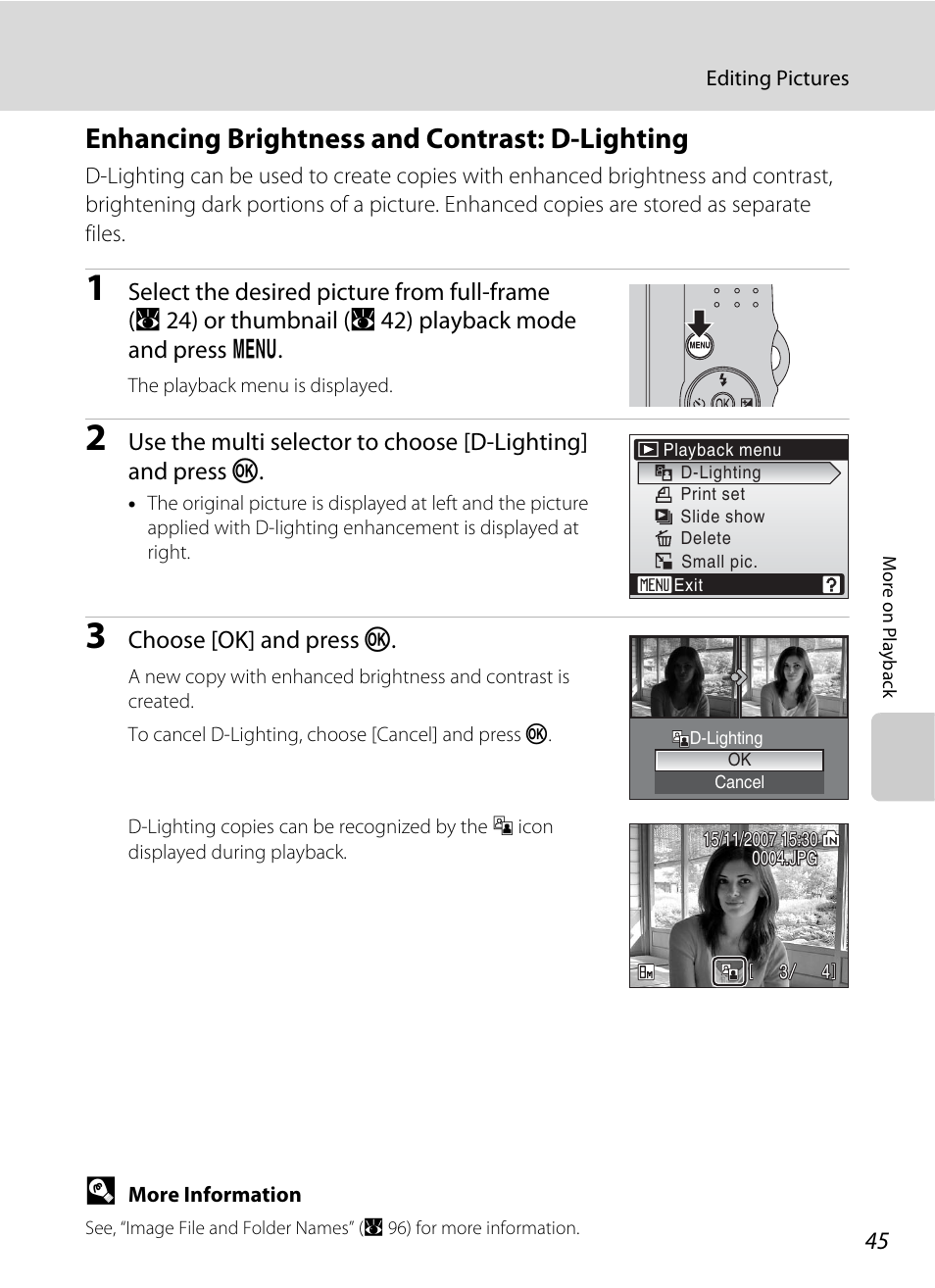 Enhancing brightness and contrast: d-lighting | Nikon L15 User Manual | Page 57 / 128