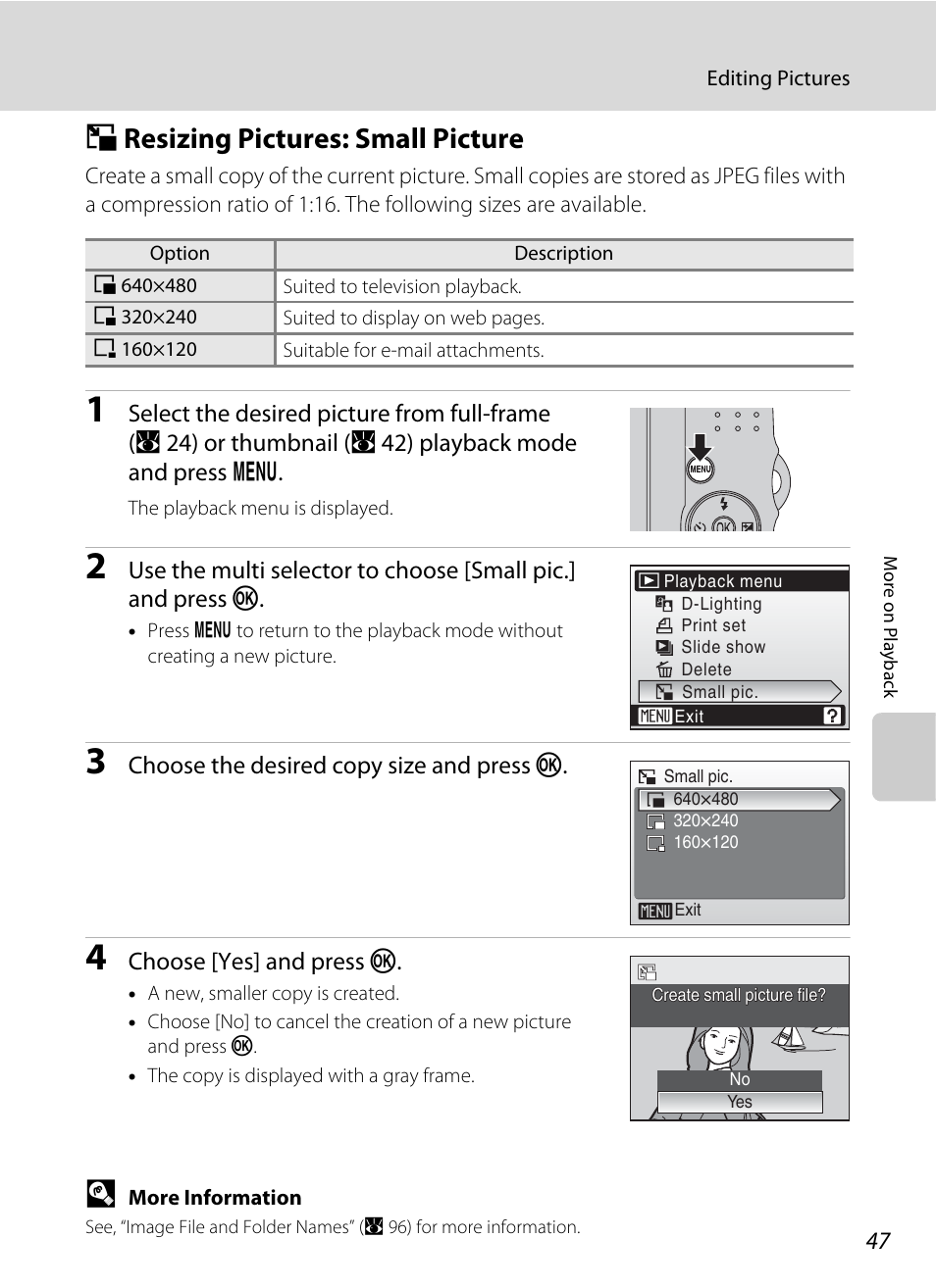 Resizing pictures: small picture, G resizing pictures: small picture | Nikon L15 User Manual | Page 59 / 128