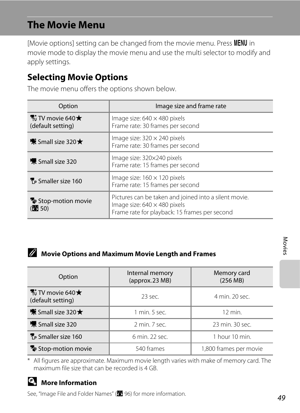 The movie menu, Selecting movie options, D (a 49) | Nikon L15 User Manual | Page 61 / 128