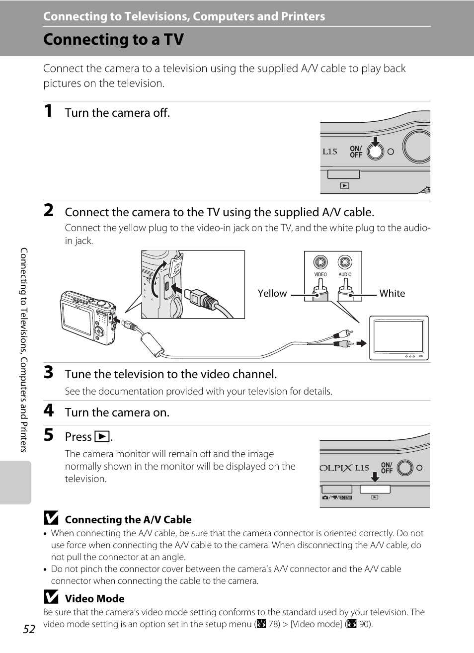 Connecting to televisions, computers and printers, Connecting to a tv | Nikon L15 User Manual | Page 64 / 128