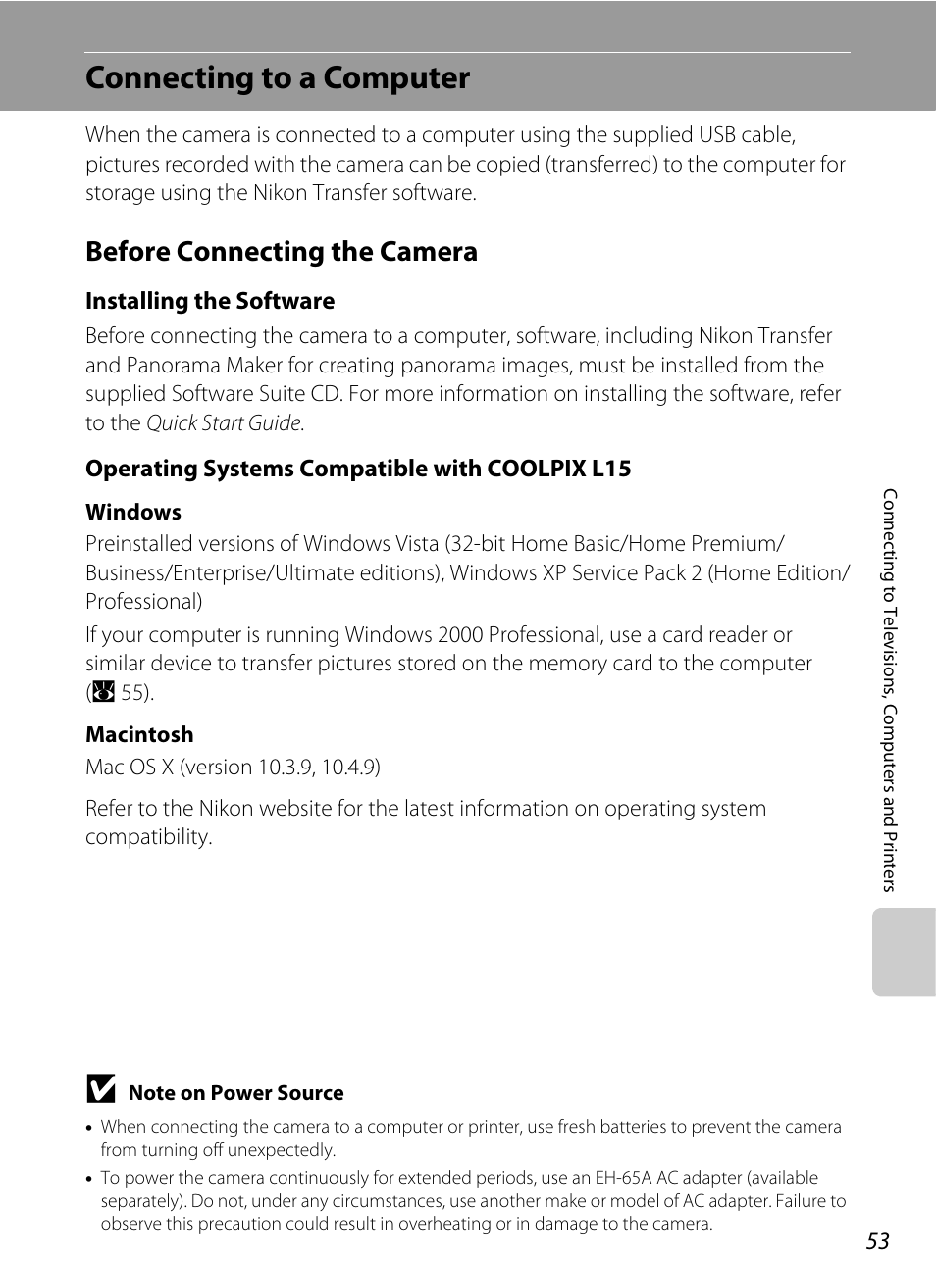 Connecting to a computer, Before connecting the camera | Nikon L15 User Manual | Page 65 / 128
