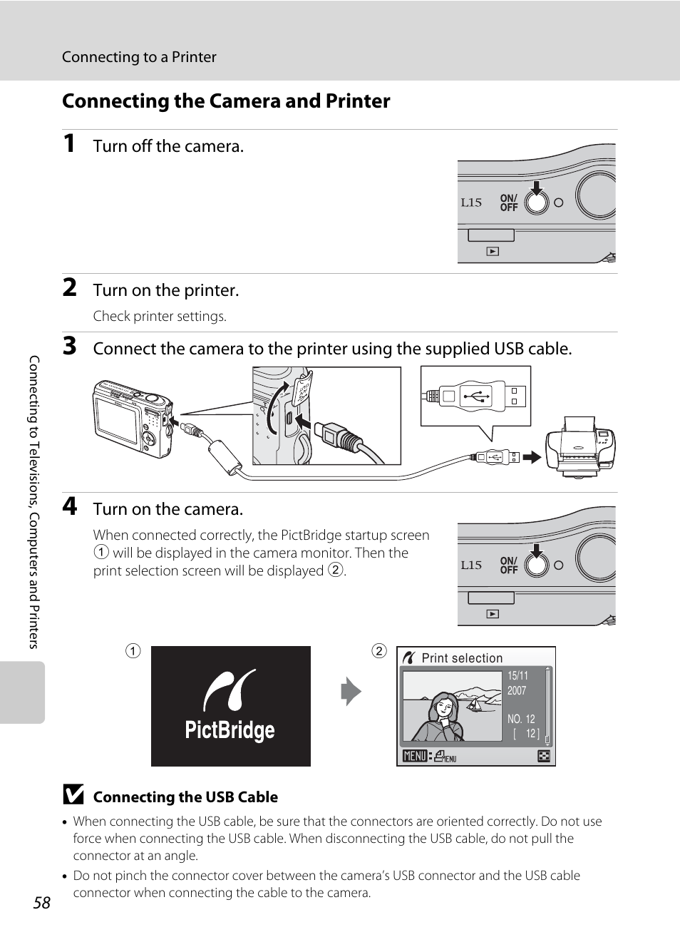 Connecting the camera and printer, A 58) | Nikon L15 User Manual | Page 70 / 128
