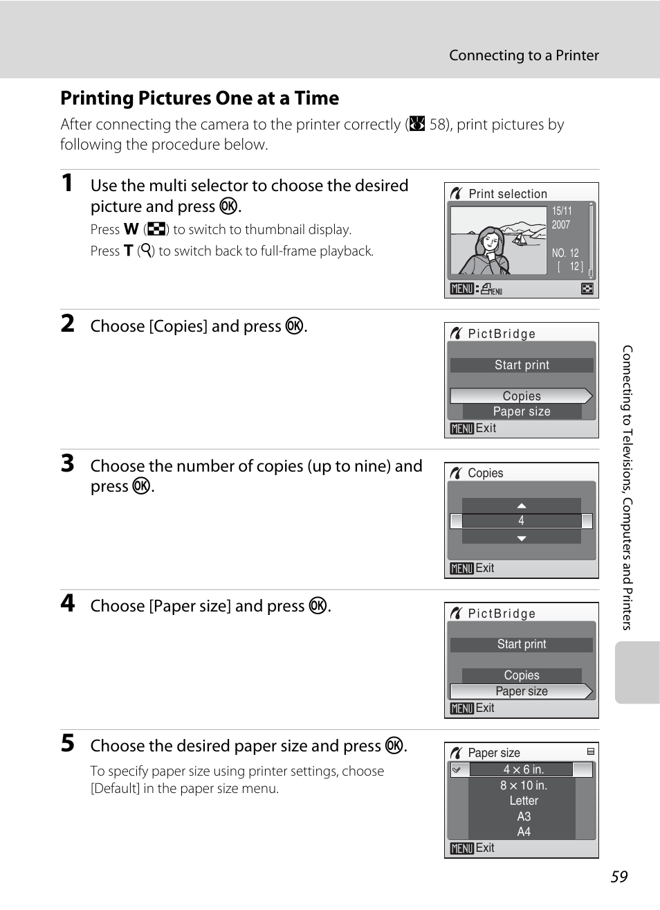 Printing pictures one at a time, A 59) | Nikon L15 User Manual | Page 71 / 128