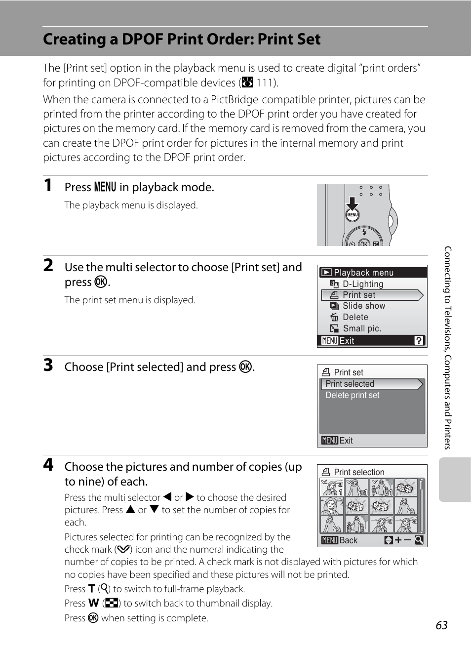Creating a dpof print order: print set, A 63) | Nikon L15 User Manual | Page 75 / 128