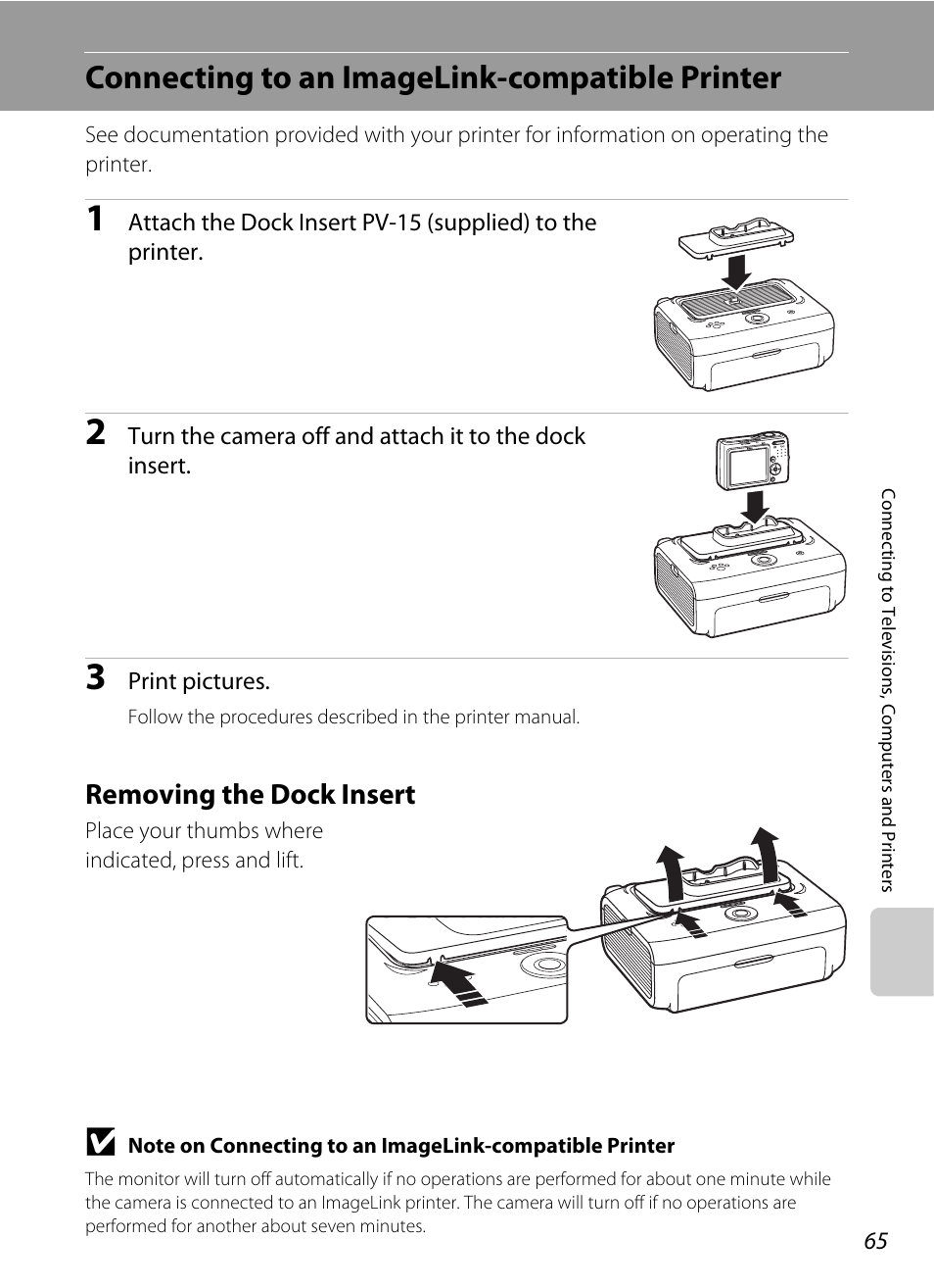 Connecting to an imagelink-compatible printer, Removing the dock insert, A 65) | Nikon L15 User Manual | Page 77 / 128
