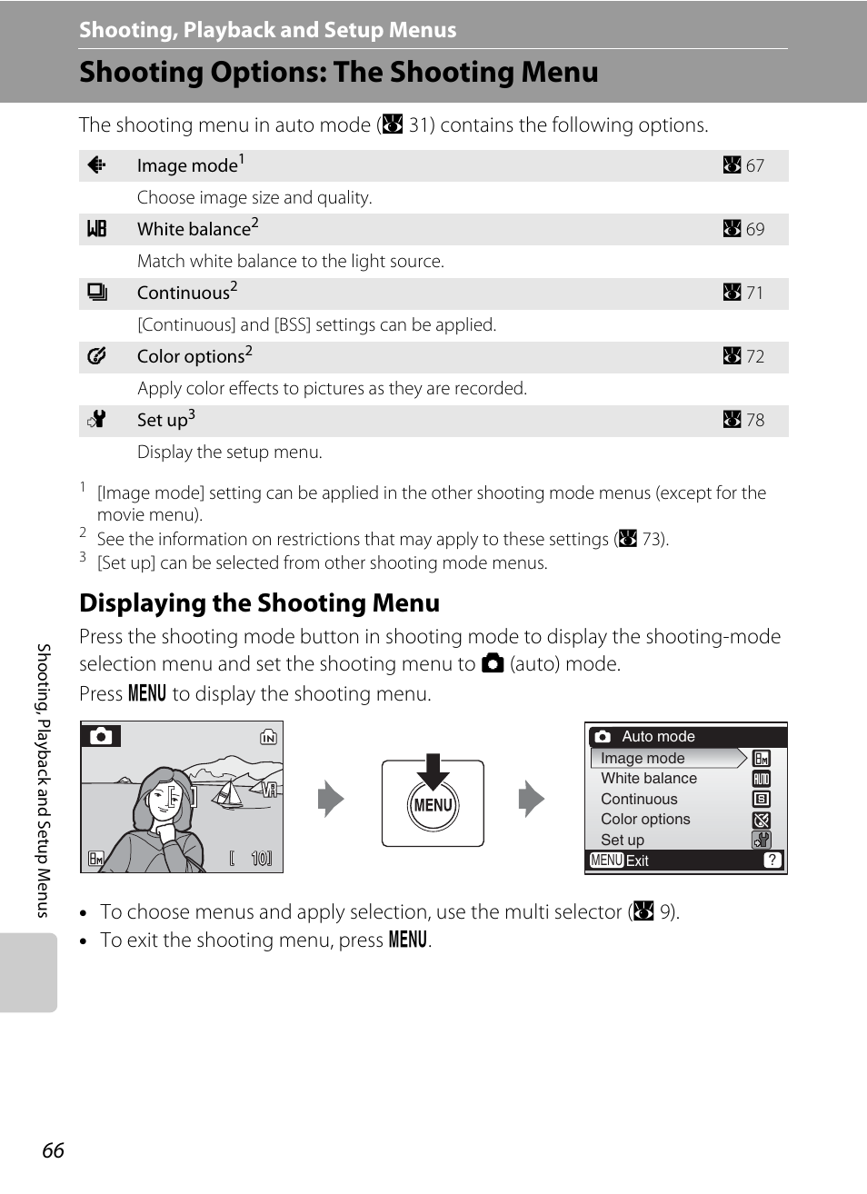 Shooting, playback and setup menus, Shooting options: the shooting menu, Displaying the shooting menu | D shooting, playback and setup menus, A 66) | Nikon L15 User Manual | Page 78 / 128