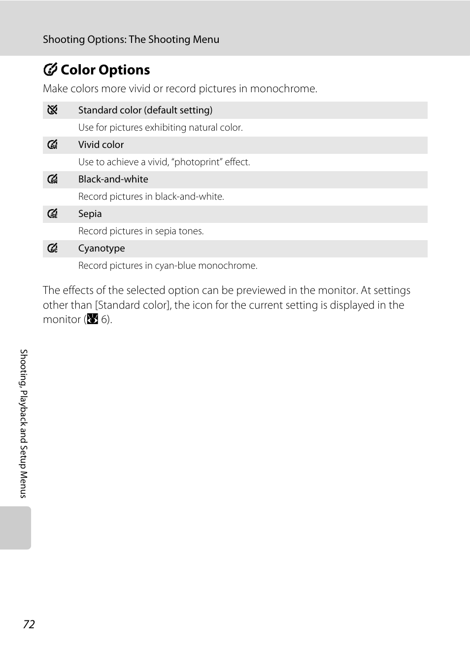 Color options, F color options, A 72 | Nikon L15 User Manual | Page 84 / 128