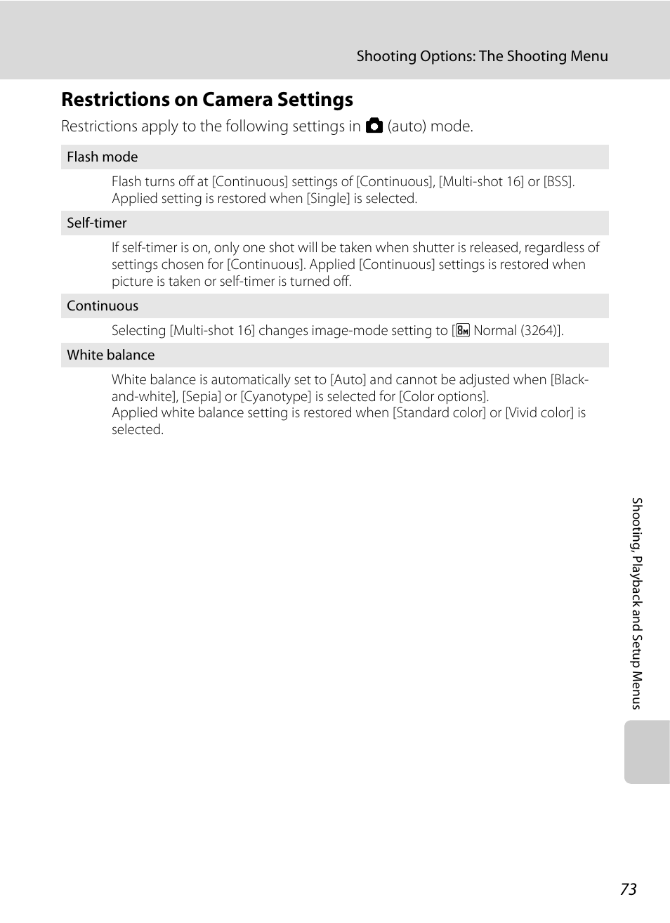 Restrictions on camera settings, A 73) | Nikon L15 User Manual | Page 85 / 128