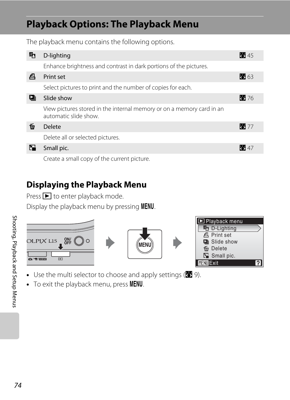 Playback options: the playback menu, Displaying the playback menu | Nikon L15 User Manual | Page 86 / 128