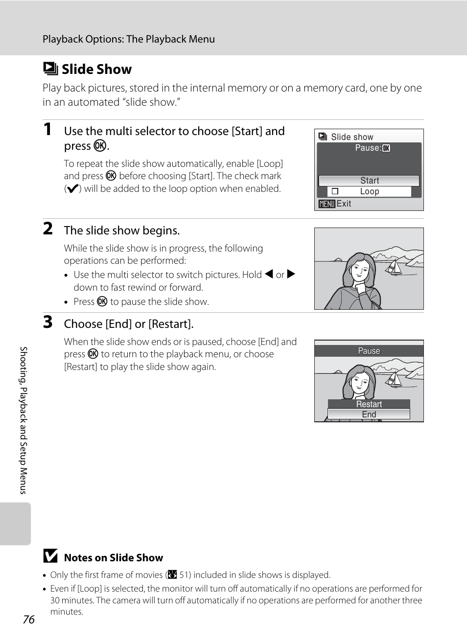 Slide show, B slide show, A 76 | Nikon L15 User Manual | Page 88 / 128