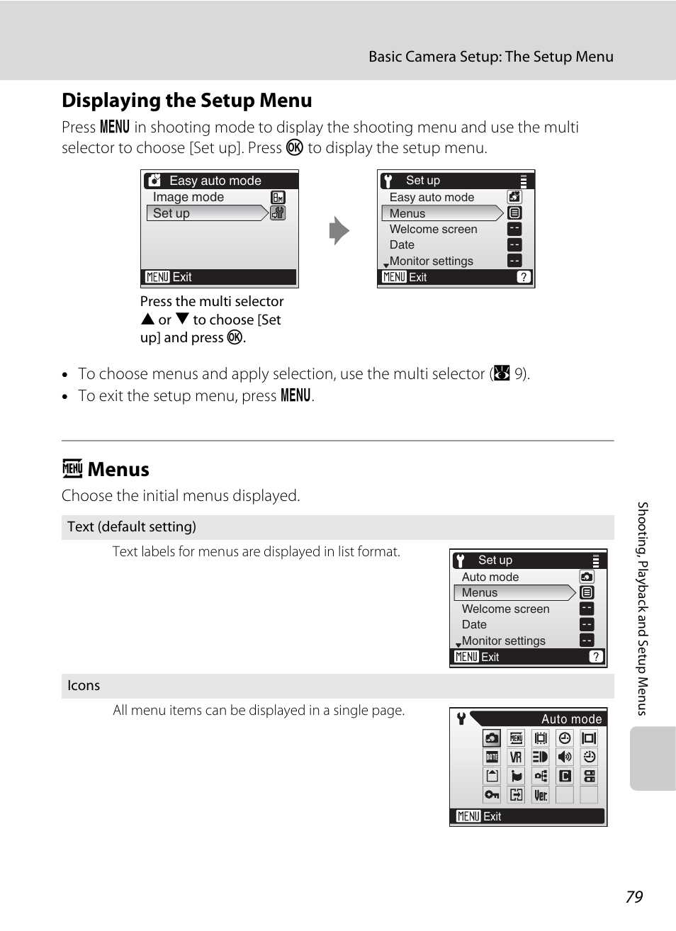 Displaying the setup menu, Menus, Displaying the setup menu a menus | A 79, A menus, Choose the initial menus displayed | Nikon L15 User Manual | Page 91 / 128