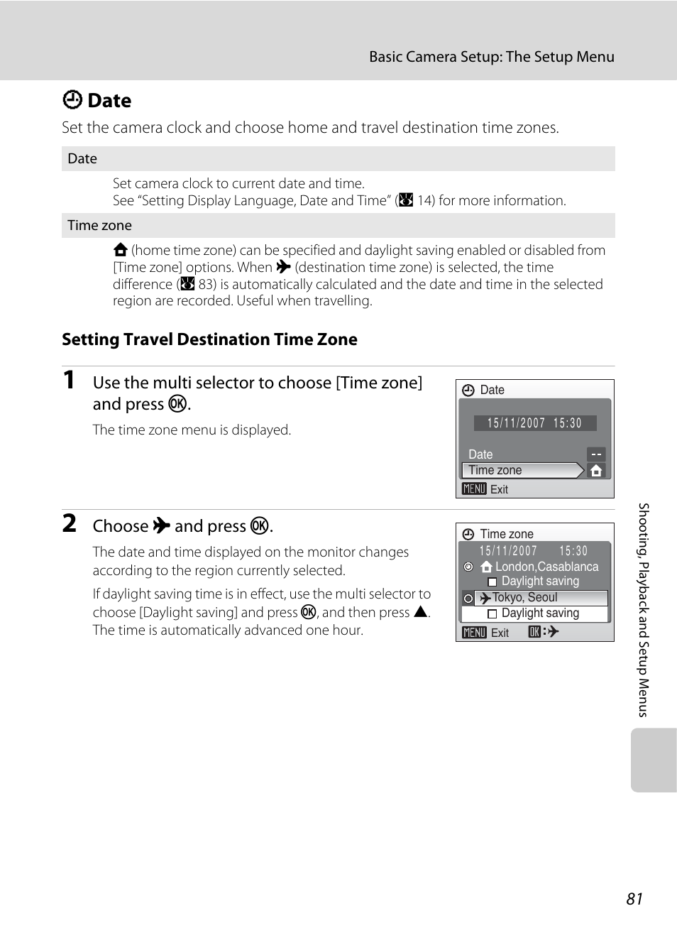 Date, D date, A 81) in | A 81, Setting travel destination time zone, Choose x and press k | Nikon L15 User Manual | Page 93 / 128