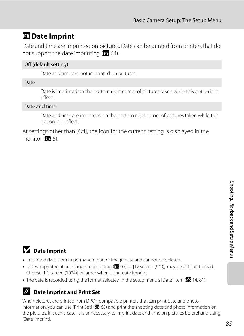 Date imprint, F date imprint, A 85) | A 85 | Nikon L15 User Manual | Page 97 / 128