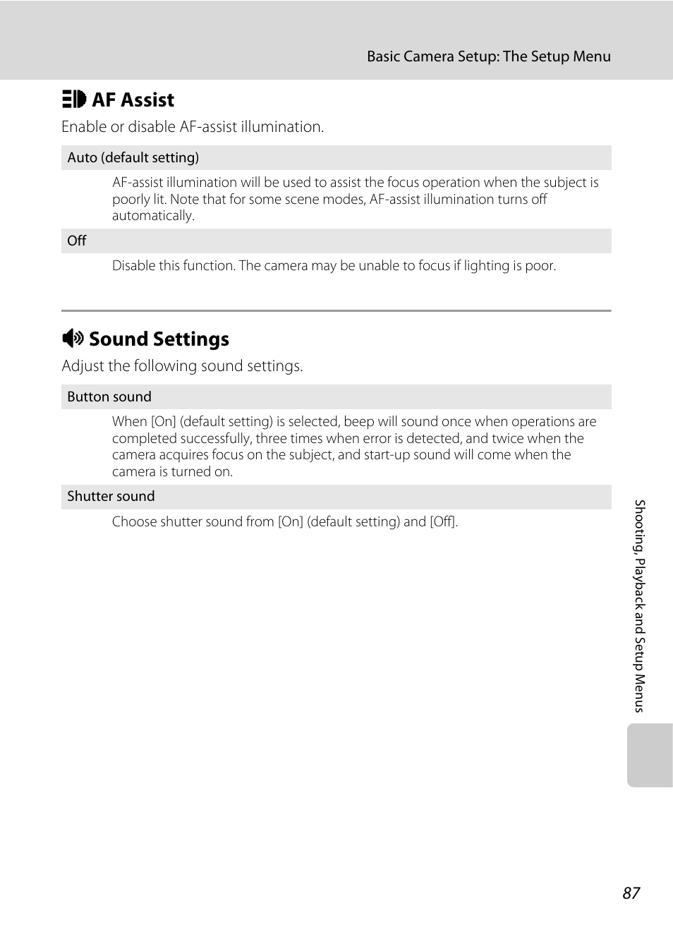 Af assist, Sound settings, H af assist i sound settings | A 87), A 87, H af assist, I sound settings | Nikon L15 User Manual | Page 99 / 128