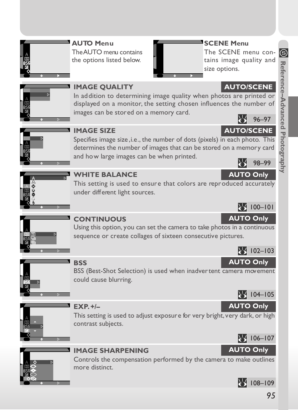 Ref erence–advanced photo gra ph y, Auto/scene | Nikon 775 User Manual | Page 109 / 182