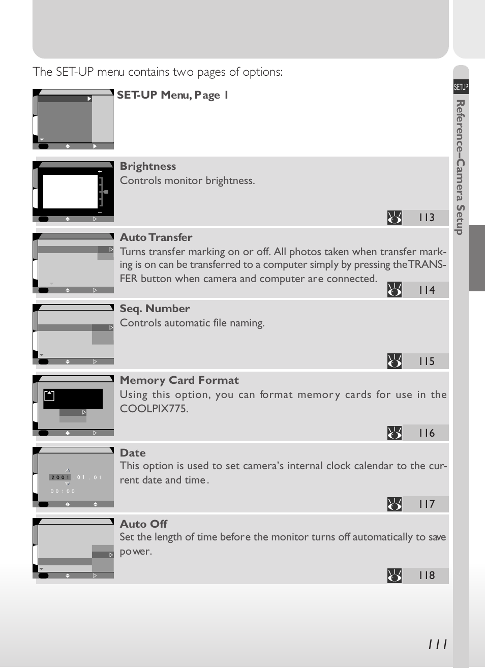 The set-up menu contains two pages of options, Ref e rence–camera setup, Brightness controls monitor brightness | Seq. number controls automatic file naming | Nikon 775 User Manual | Page 125 / 182