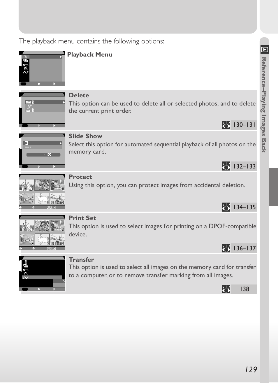 The playback menu contains the following options, Ref erence–pla y ing imag es back | Nikon 775 User Manual | Page 143 / 182