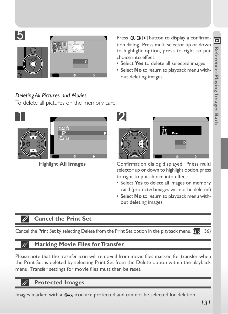 Cancel the print set, Marking movie files for transfer, Protected images | Nikon 775 User Manual | Page 145 / 182