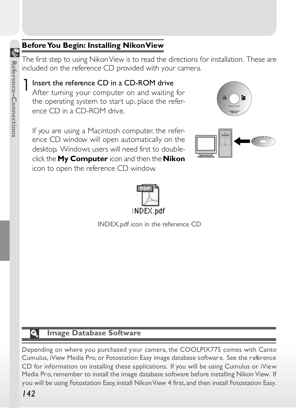 Image database software, Ref erence–connections, Index.pdf icon in the reference cd | Nikon 775 User Manual | Page 156 / 182
