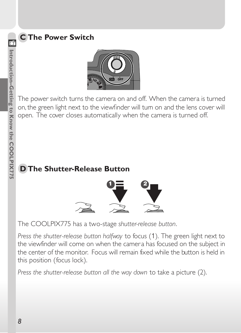 C the power switch, D the shutter-release button | Nikon 775 User Manual | Page 22 / 182