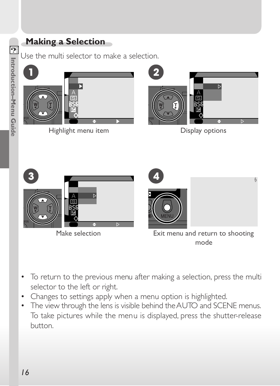 Making a selection, Use the multi selector to make a selection, Display options | Make selection, Exit menu and return to shooting mode, Highlight menu item | Nikon 775 User Manual | Page 30 / 182