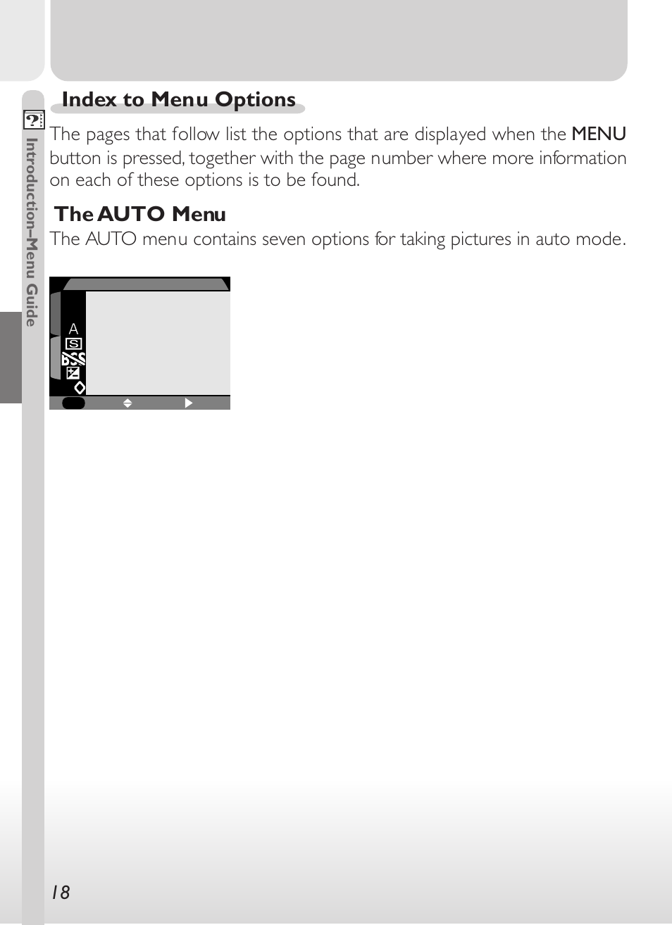 Index to menu options, The auto menu | Nikon 775 User Manual | Page 32 / 182