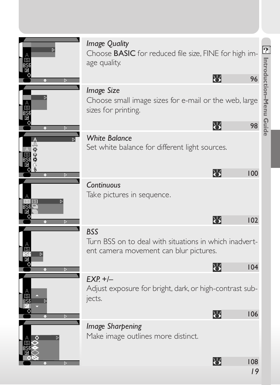 Continuous take pictures in sequence, Image sharpening make image outlines more distinct, Intr oduction–men u guide | Nikon 775 User Manual | Page 33 / 182
