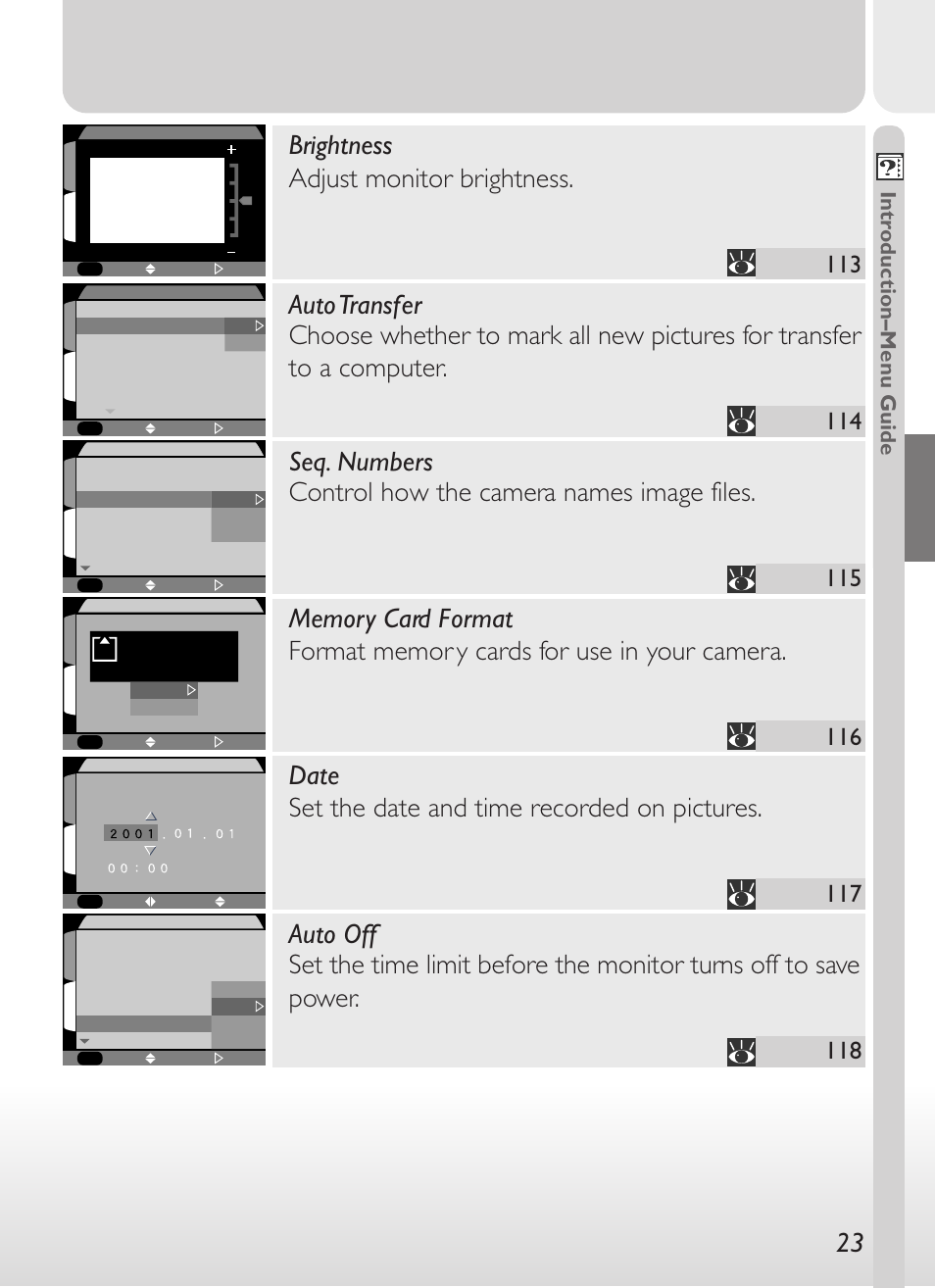 Date set the date and time recorded on pictures, Brightness adjust monitor brightness, Intr oduction–men u guide | Nikon 775 User Manual | Page 37 / 182