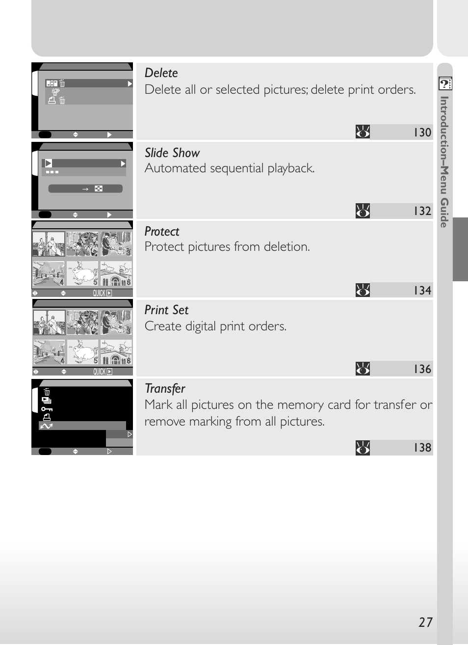 Slide show automated sequential playback, Protect protect pictures from deletion, Print set create digital print orders | Intr oduction–men u guide | Nikon 775 User Manual | Page 41 / 182