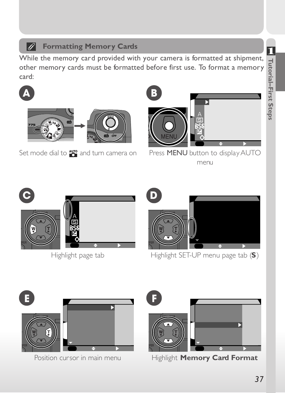 De f, Set mode dial to and turn camera on, Position cur sor in main menu | Nikon 775 User Manual | Page 51 / 182